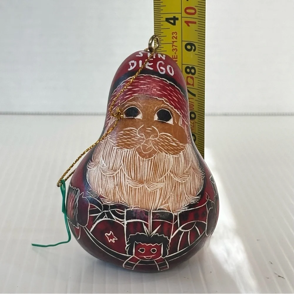 Santa Clause Folk Art Gourd Christmas Ornament  Hand Carved Painted Peruvian